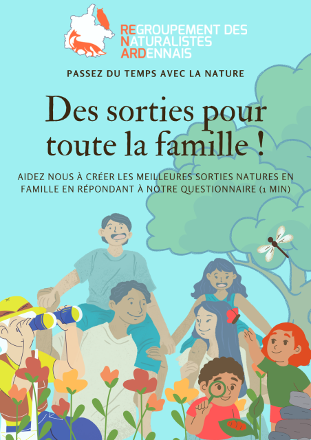 Affiche projet "Des sorties pour toute la famille" : dessin d'arbre avec des personnages enfants et adultes qui observent la nature
