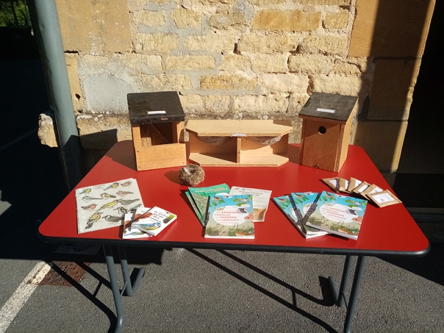 Table avec matériel pour construction de nichoirs à oiseaux