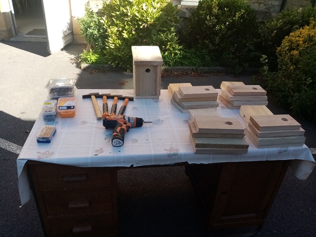 Table avec matériel pour construction de nichoirs à oiseaux
