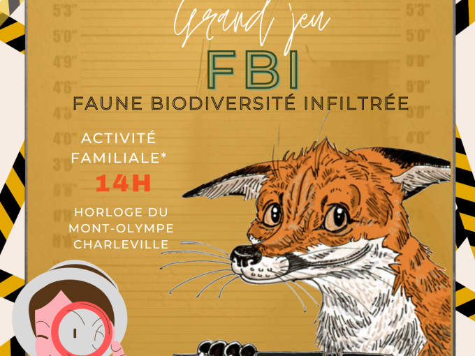 Affiche de la sortie avec dessin d'un renard et d'un enfant avec une loupe