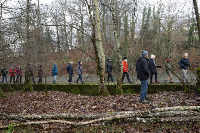 Groupe de personnes en balade sur un chemin bordés d'arbres en hiver ©M. Dimidschstein